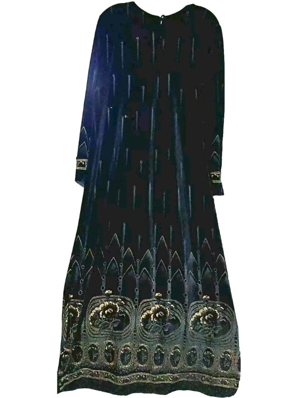 Womens Velvet Maxi Dress Black Gold Floral Accents Size Large Gulinos Length 55"
